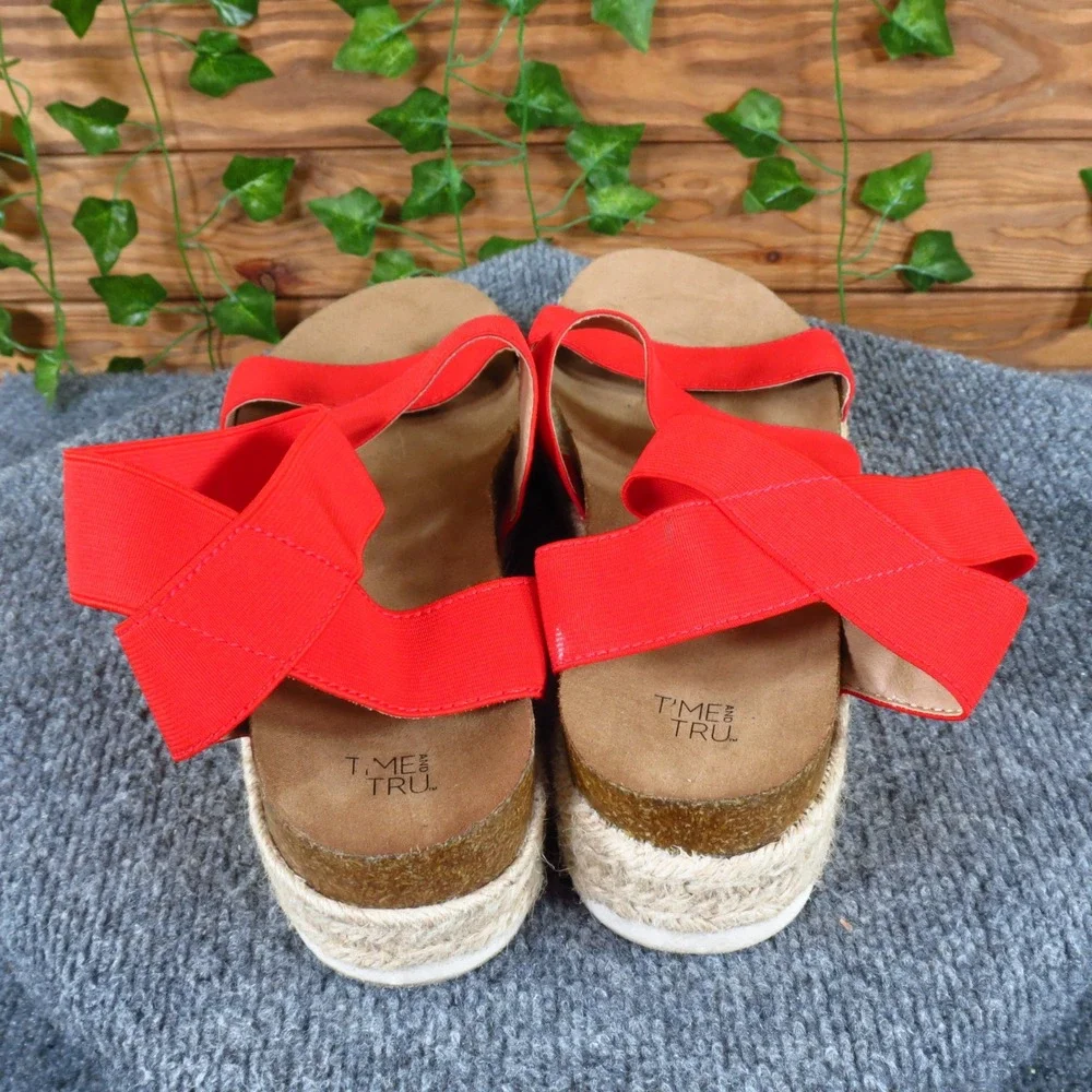 Time and Tru Women Sandal 11 Casual Summer‎ Red Fabric Espadrille Flatform